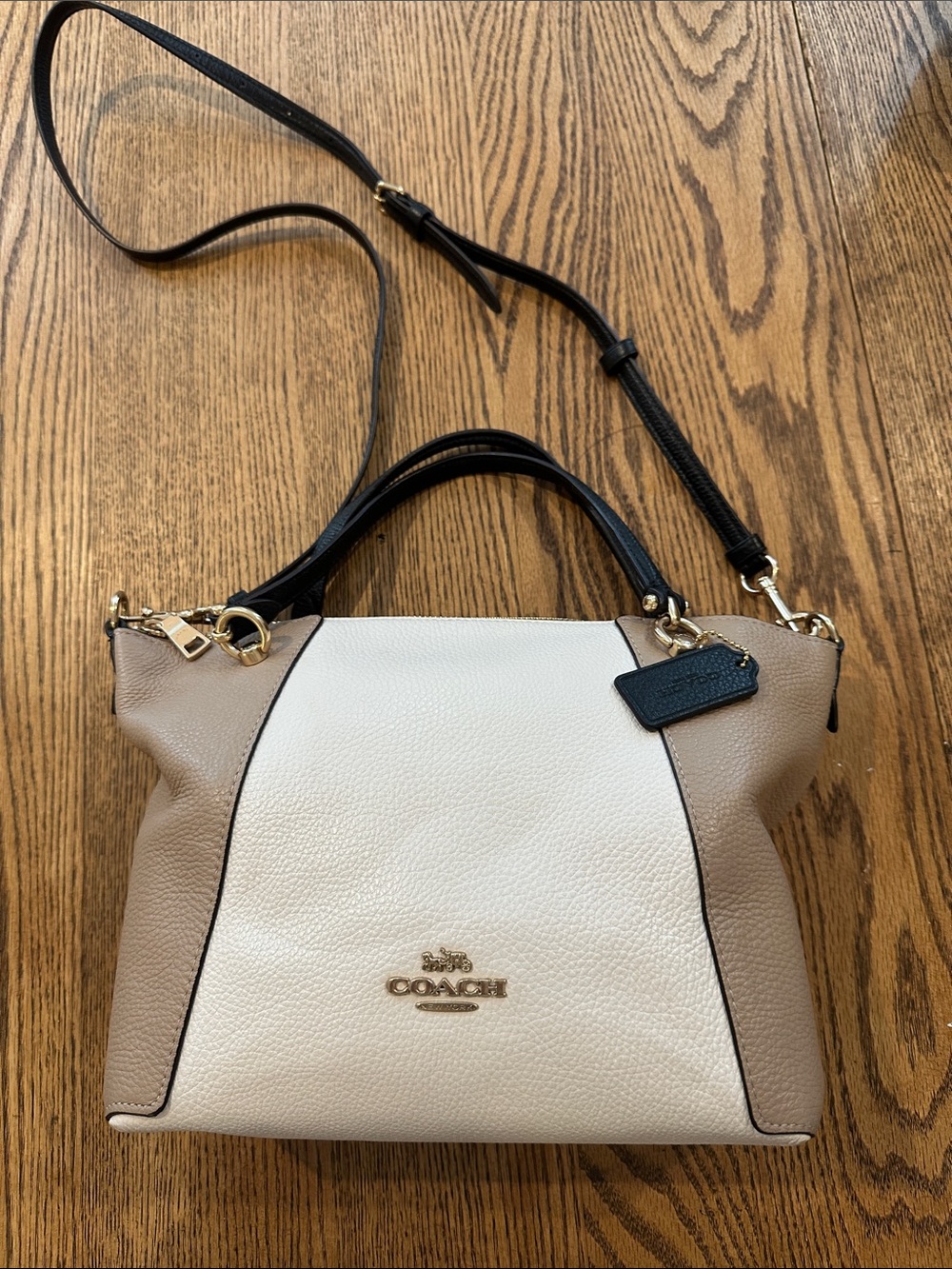 Coach “Kacey” Coach Two-Tone Leather Satchel in Cream and Taupe with Black Trim